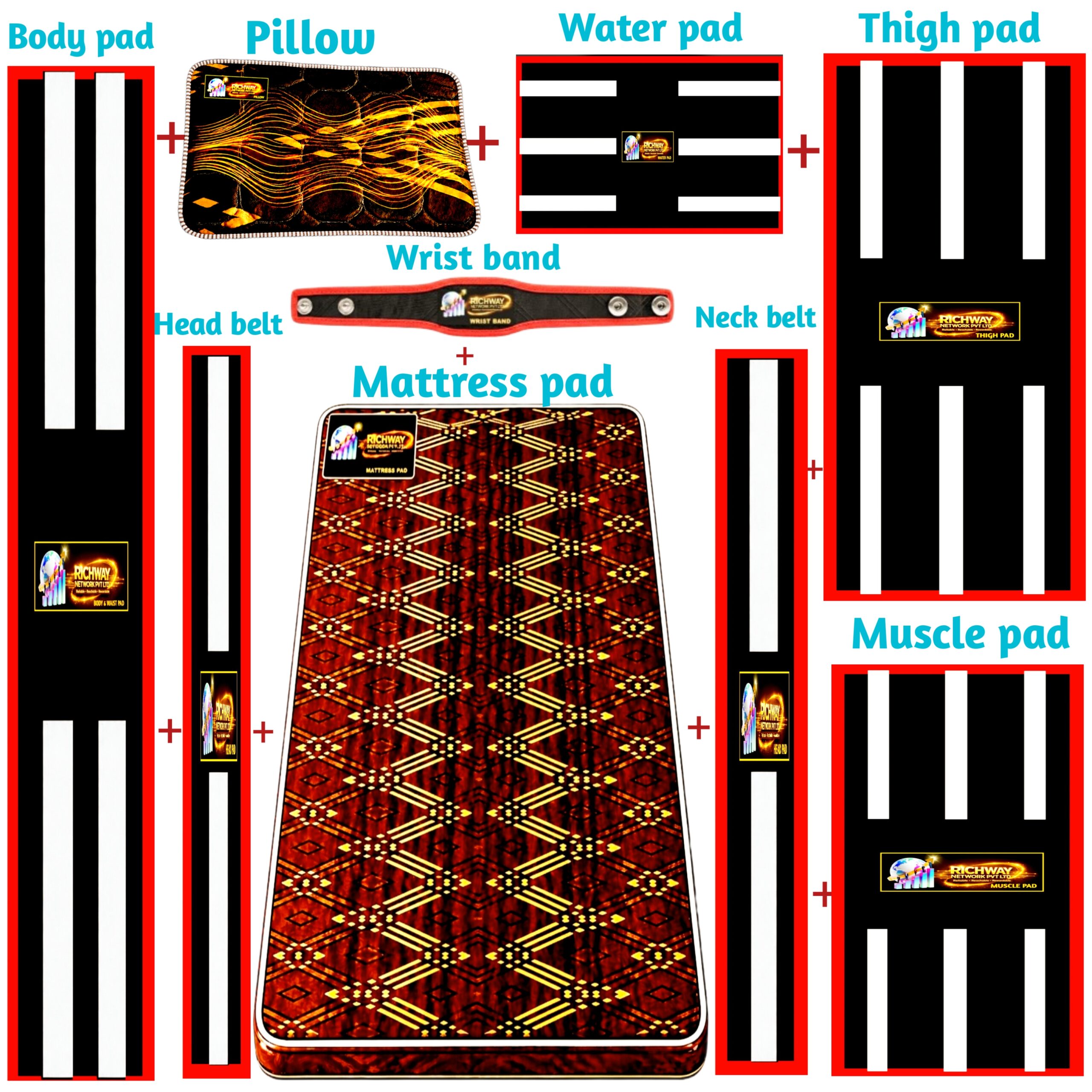 Mattress pad + Pillow + Head Belt + Neck Belt + Water pad + Body pad + Thigh pad + Muscle pad + Wrist Band - Image 2